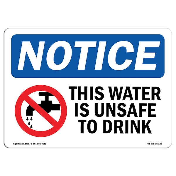 Safety Sign, OSHA Notice, 18" Height, NOTICE This Water Is Unsafe To Drink Sign, Landscape